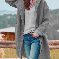Gray hooded long coat with button front and draped collar