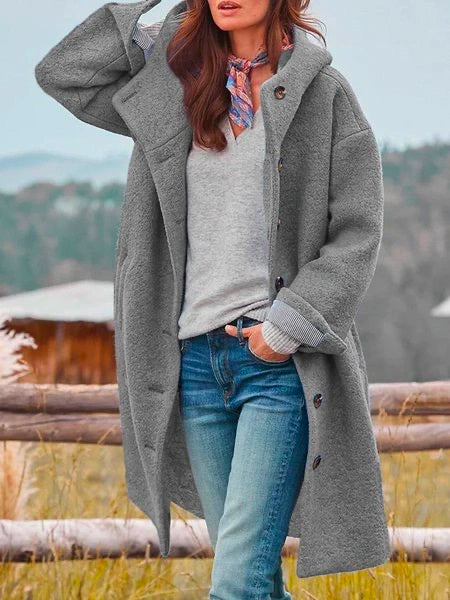 Gray hooded long coat with button front and draped collar