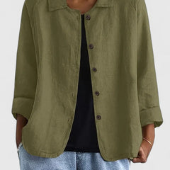 Lightweight button-front shirt jacket in olive green with stand collar and 3/4 sleeves