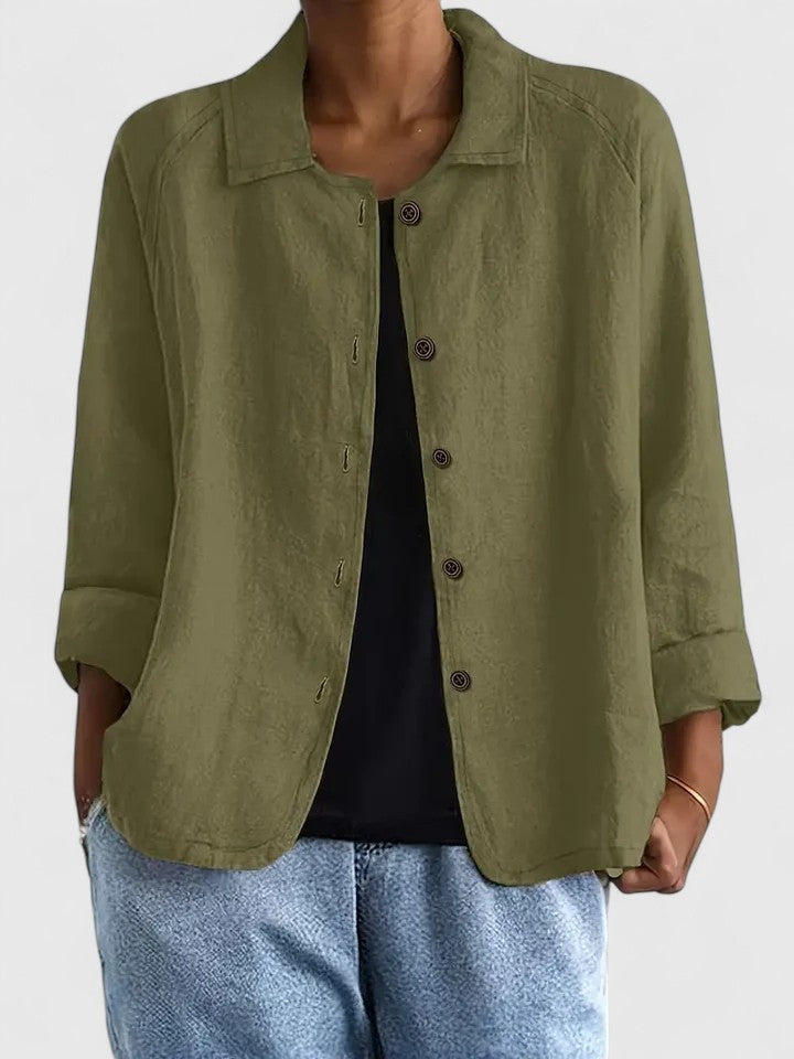 Lightweight button-front shirt jacket in olive green with stand collar and 3/4 sleeves