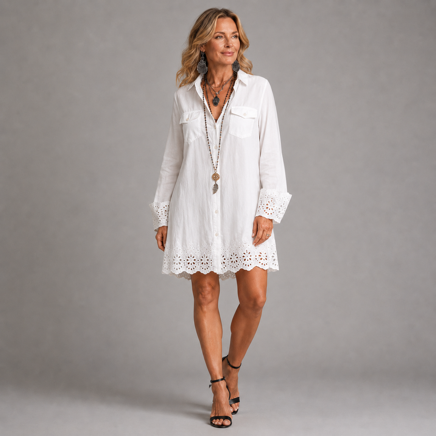 White shirt mini dress with eyelet lace hem and lace cuff detail