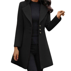 Women’s long black coat with wide lapels and button front