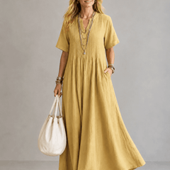 Nathalia™ pleated maxi dress, short-sleeve V-neck in golden yellow