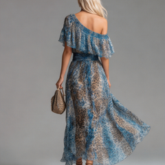 Blue leopard-print chiffon maxi dress with off-shoulder back view and ruched waist