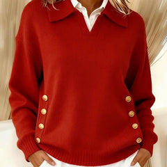 VYNETTE v-neck knit sweater with collar, gold button placket sleeves, red