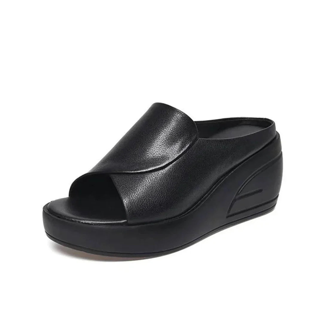 Black orthopaedic slip-on wedge sandals with open toe