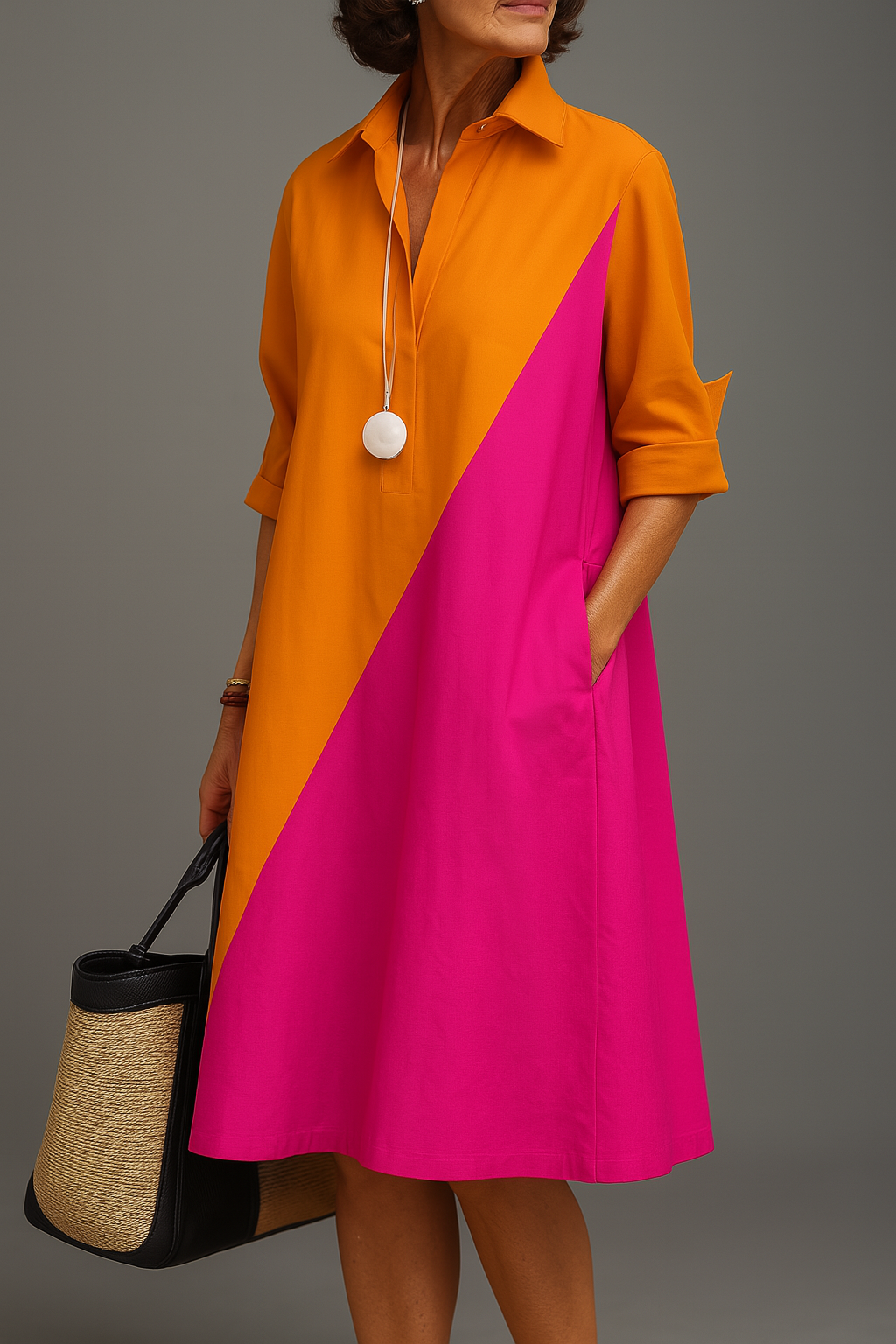 Orange and magenta midi dress with collared button front and diagonal color block