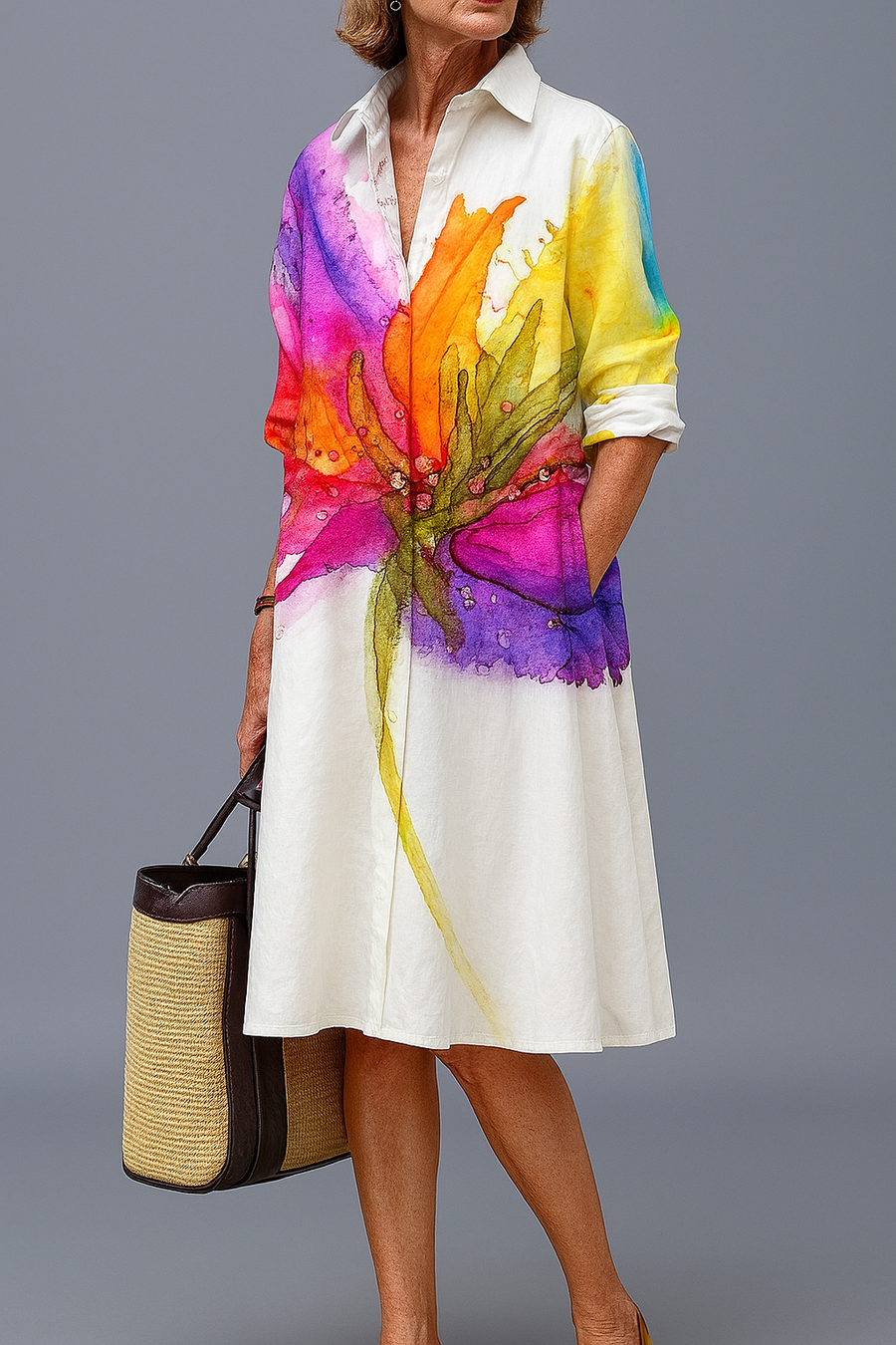 Watercolor print midi dress with white base, collared button-up, three-quarter sleeves