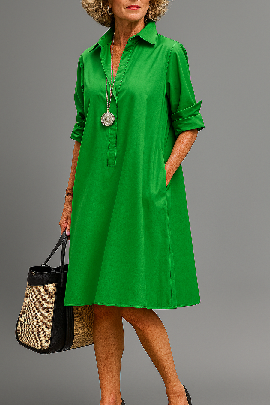 Green collared midi shirt dress with button front and three-quarter sleeves