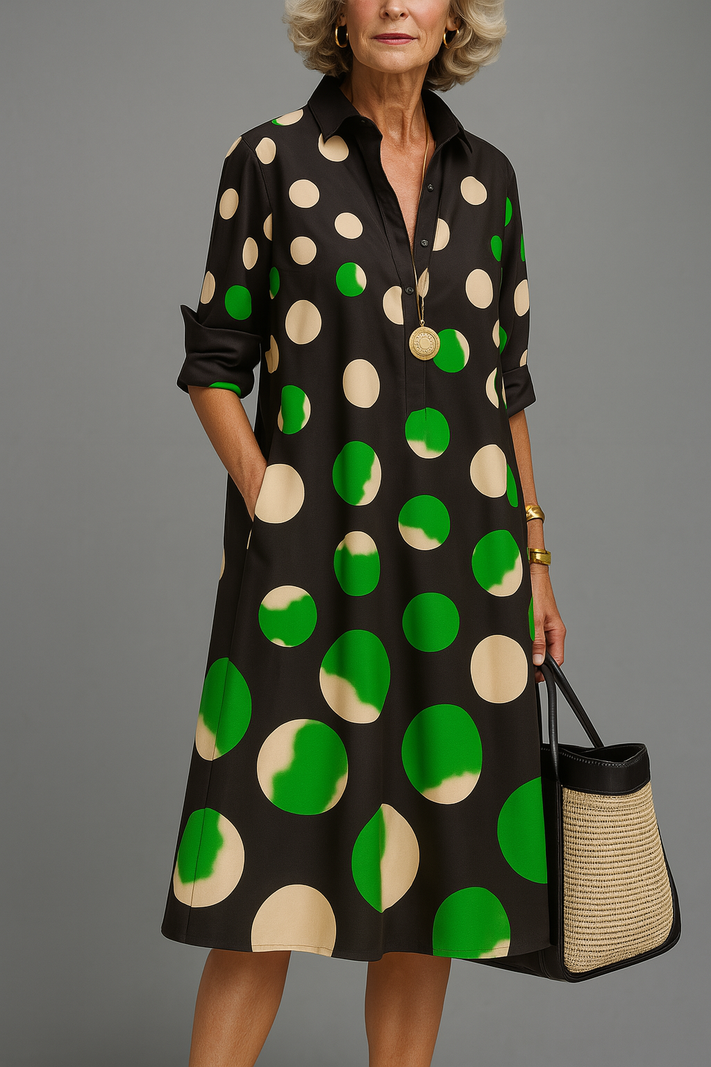 Black polka-dot midi dress with green and cream spots