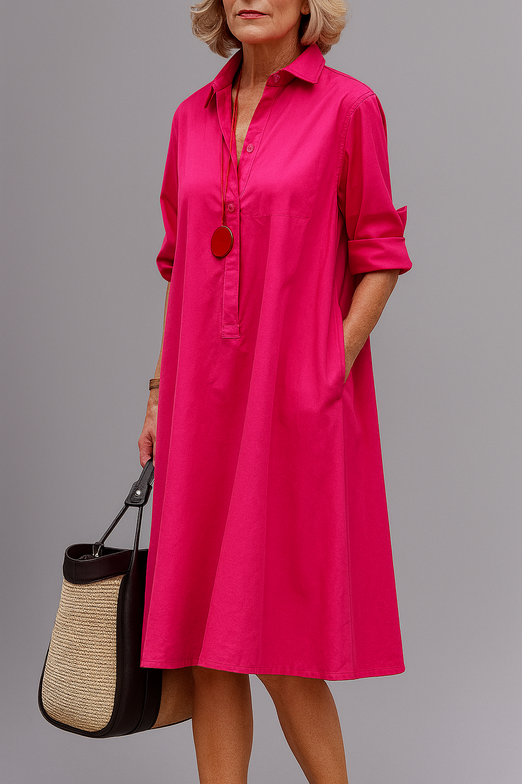 Pink button-front midi dress with collar and 3/4 sleeves