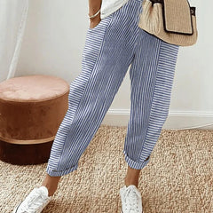 Classic striped trousers, blue with white vertical stripes and cuffed hems