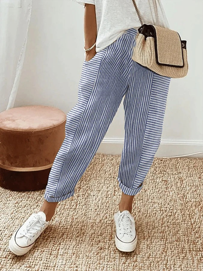 Classic striped trousers, blue with white vertical stripes and cuffed hems