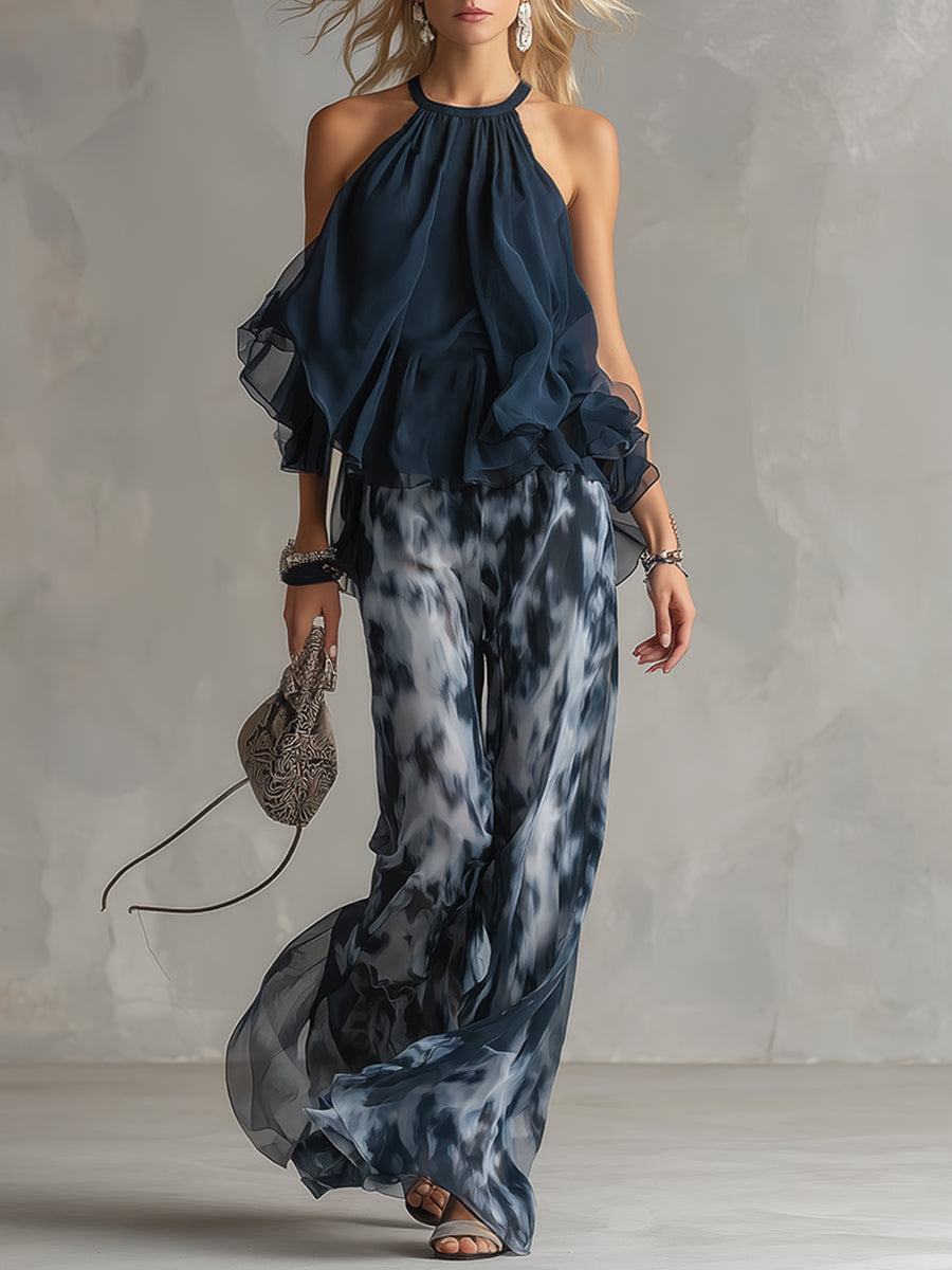 Two-piece halter ruffle top and wide-leg printed pants set, flowing navy and gray