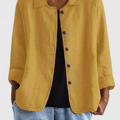 Lightweight button-front shirt jacket in yellow with stand collar and 3/4 sleeves