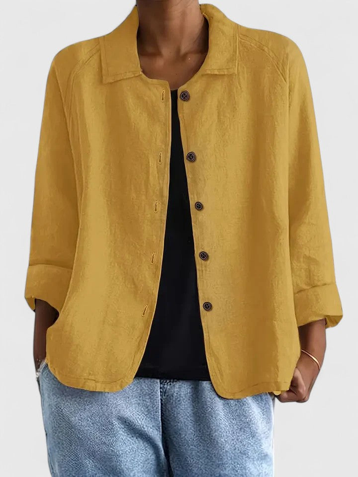 Lightweight button-front shirt jacket in yellow with stand collar and 3/4 sleeves
