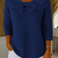 Dark blue sweater with round neckline bow and three-quarter sleeves