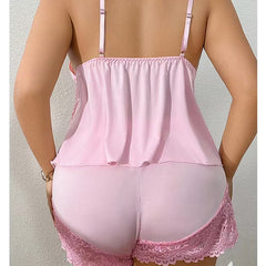 Pink lace-trim cami pajama set back view with adjustable straps and lace trim