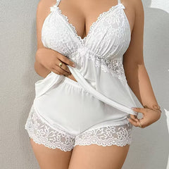 White lace-trim cami pajama set with lace cups and matching scalloped shorts