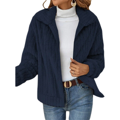 Navy zip-up teddy fleece jacket with raised collar and full front zipper.
