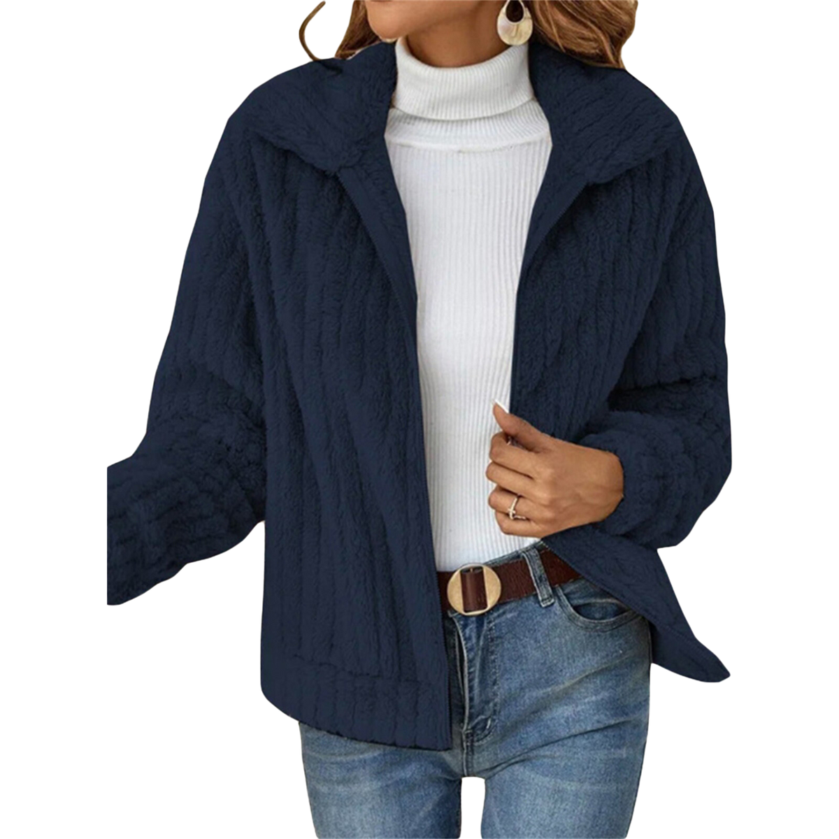 Navy zip-up teddy fleece jacket with raised collar and full front zipper.