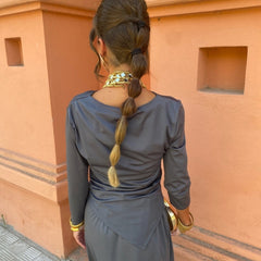 Back view long-sleeve maxi dress with draped back and waist tie, blue-gray