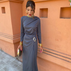 Long-sleeve maxi dress with draped cowl neckline and waist tie, blue-gray