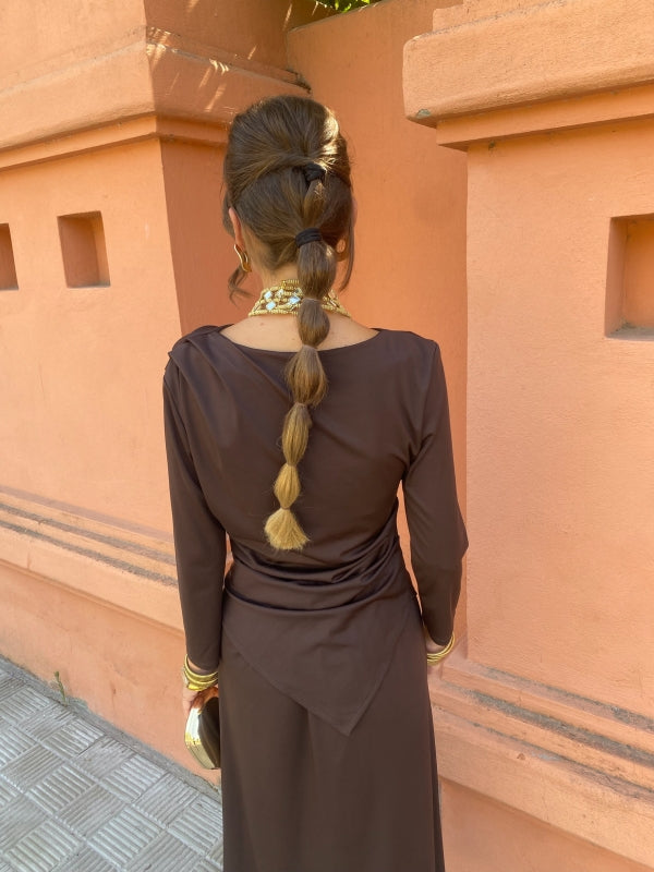 Back view of long-sleeve maxi dress with draped back and waist tie, dark brown