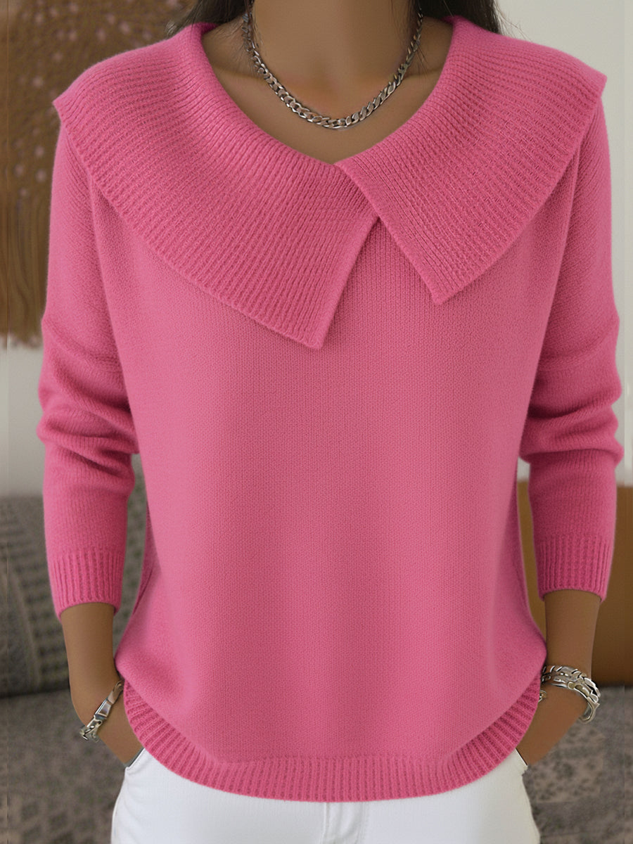 Warm sweater with soft collar, pink knit with pointed folded shoulders