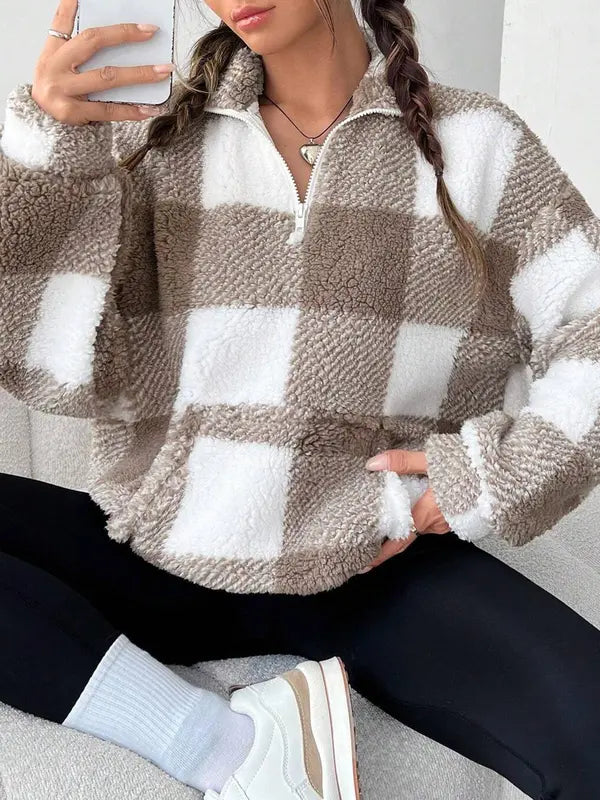 Plaid half-zip fuzzy sweater, light khaki and white check pattern