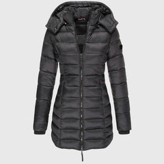 LIORAH long down jacket in black with hood and full front zipper.