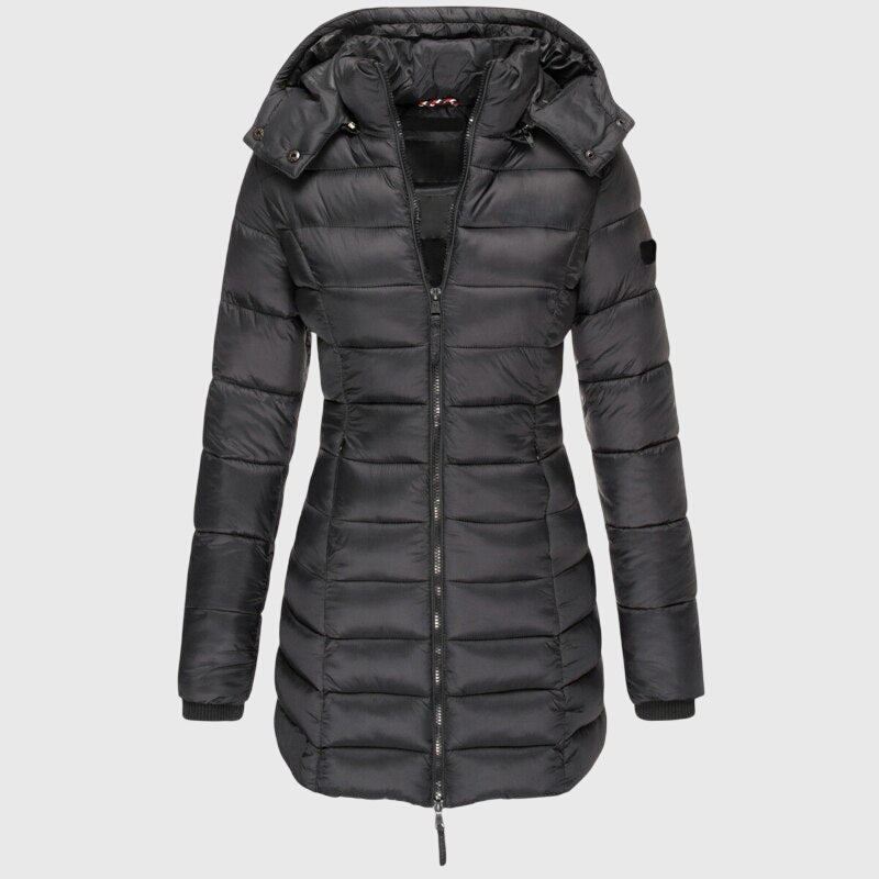 LIORAH long down jacket in black with hood and full front zipper.