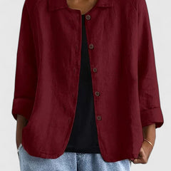 Lightweight button-front shirt jacket in deep red with stand collar and 3/4 sleeves