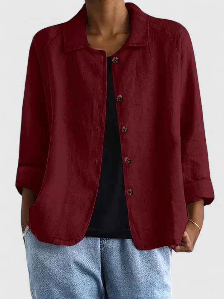 Lightweight button-front shirt jacket in deep red with stand collar and 3/4 sleeves