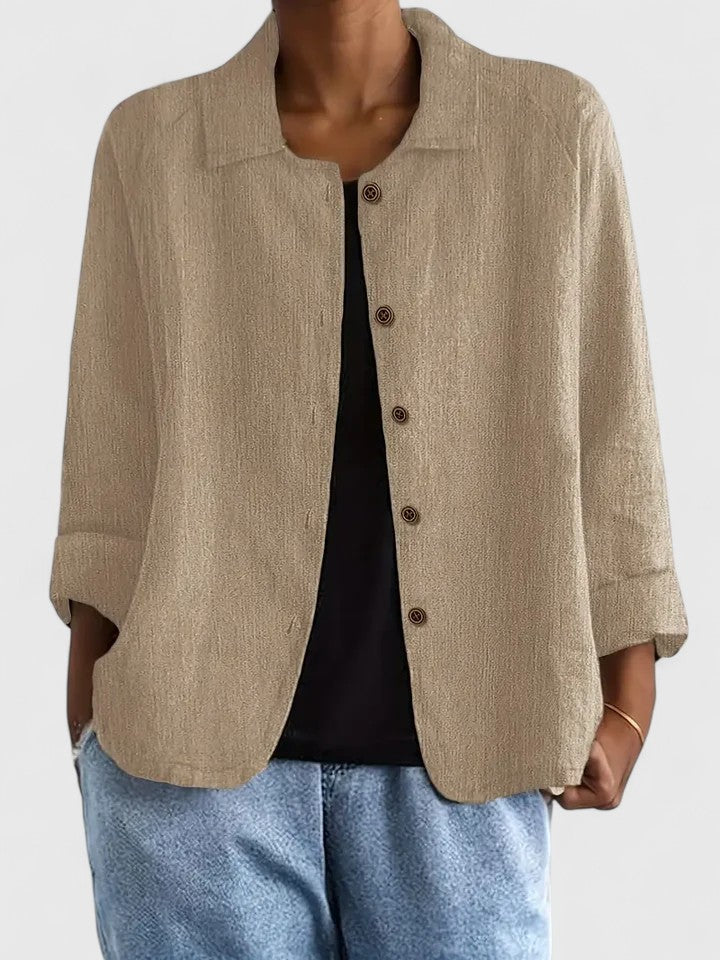 Lightweight button-front shirt jacket in khaki beige with stand collar and 3/4 sleeves