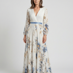 White floral long sleeve V-neck maxi dress with pleated skirt and blue waist sash
