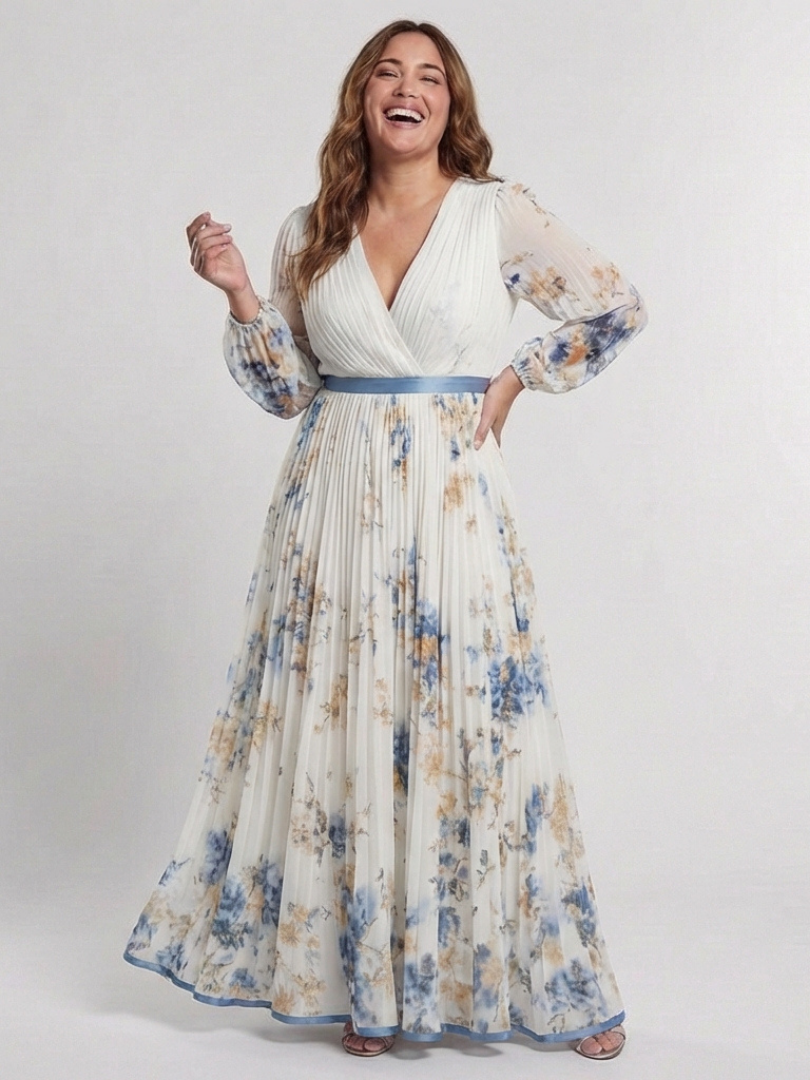 White floral long sleeve V-neck maxi dress with pleated full skirt and blue waist sash