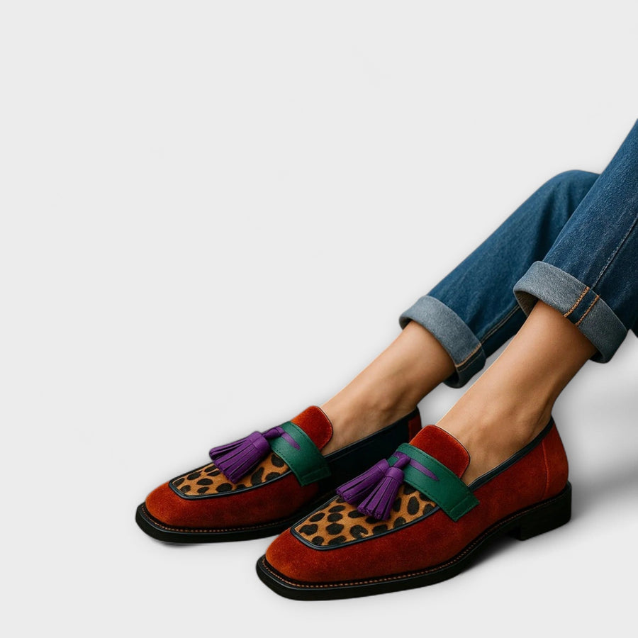 Burgundy suede loafers with leopard toe, green strap, purple tassels