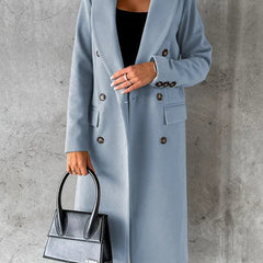 Light blue longline double-breasted coat with notched lapels and flap pockets