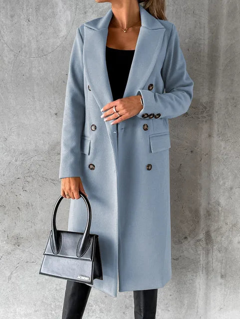 Light blue longline double-breasted coat with notched lapels and flap pockets