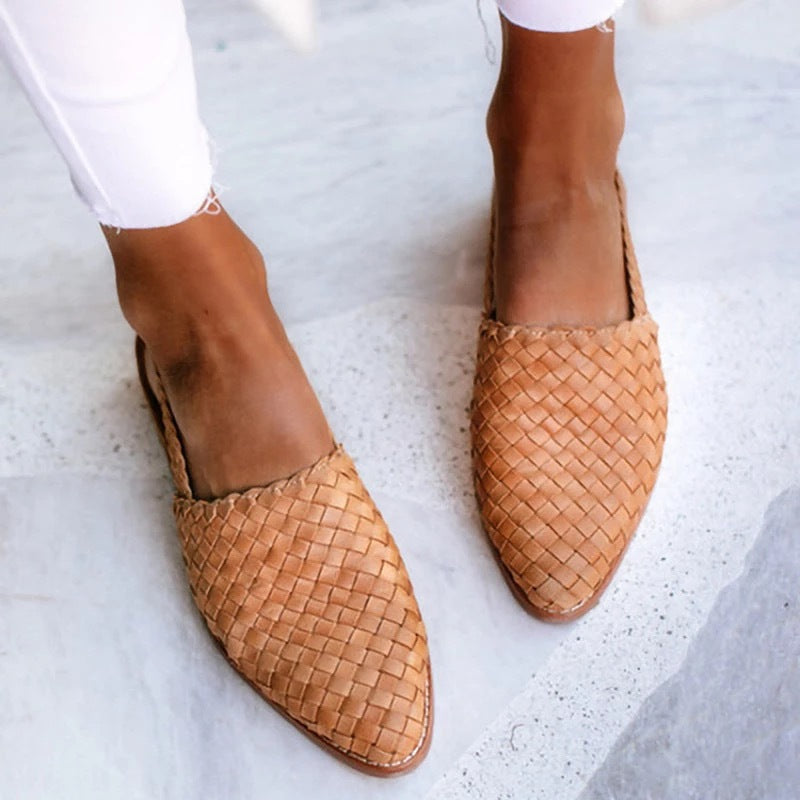 Light brown woven slip-on loafers with pointed toe and low sole