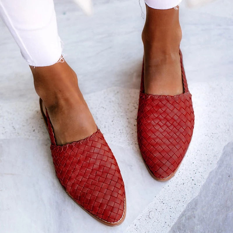 Red woven slip-on loafers with pointed toe and low sole