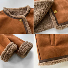 Close-up of brown suede jacket: sherpa collar, cuffs, and snap buttons.