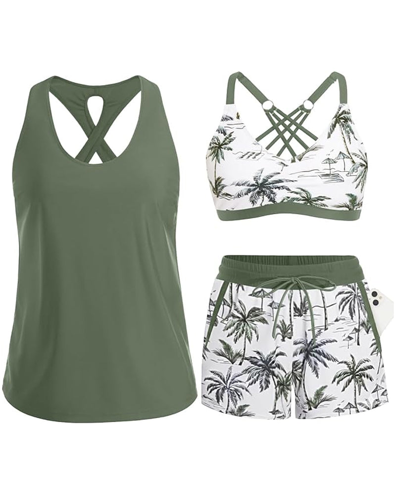 Olive green tankini set with palm-print bra and matching swim shorts