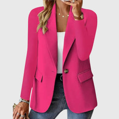 Hot pink blazer with notch lapel, single-breasted button closure, flap pockets.