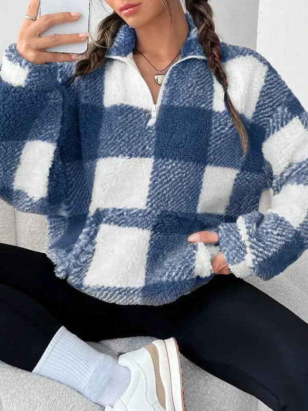 Plaid half-zip fuzzy long-sleeve sweater, blue and white square checks