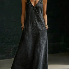 Black sleeveless denim dress, V-neck, front button-through, long A-line skirt