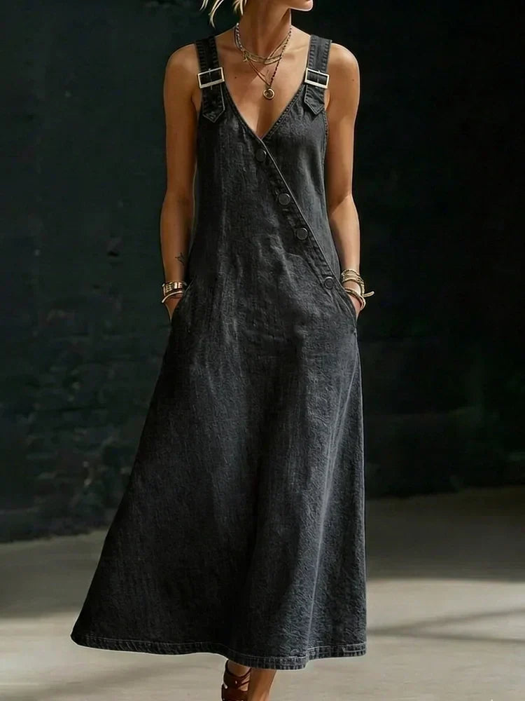 Black sleeveless denim dress, V-neck, front button-through, long A-line skirt