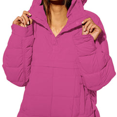 Pink oversized hooded pullover jacket with button front and chest pockets