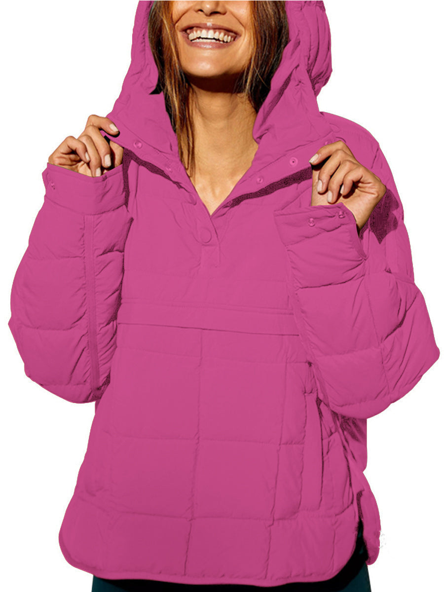 Pink oversized hooded pullover jacket with button front and chest pockets
